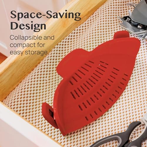 Kitchen Gizmo Snap N Strain Silicone Pot Strainer - Adjustable Clip-On Pasta Strainer for Pots, Pans, and Bowls - Large Red Kitchen Colander 4