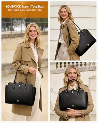LOVEVOOK Lunch Tote Bag for Women, 2-in-1 Work Tote Bag with Lunch Compartment, Insulated Lunch Bag & 15.6 Inch Laptop Bag for Women, Ideal for Teacher, Nurse and Camping Use, Black 4