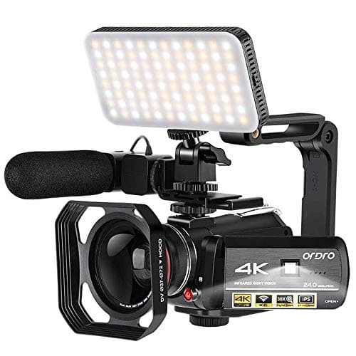 ORDRO 4K Camcorder Video Camera AC3 1080P 60FPS Vlog Camera IR Night Vision WiFi Camcorder with Microphone, Wide Angle Lens, LED Video Light, Handheld Holder, Storage Case and 64GB Card