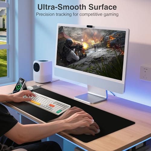 Wireless Charging Mouse Pad with Foldable Phone Holder, 31.5"x15.8" Large Desk Mat for Laptop/Keyboard, Waterproof Ultra-Smooth Surface, Non-Slip Base, Black 5