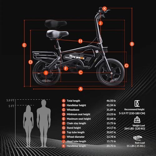 5TH WHEEL Penguin Electric Bike, Mini 14" E-Bikes with Foldable Handlebar and Adjustable Seat, Peak 700W Motor & 20 MPH, 40 Miles PAS Range Commuting Bikes with Dual 160MM Disc Brakes and Cargo Rack 8
