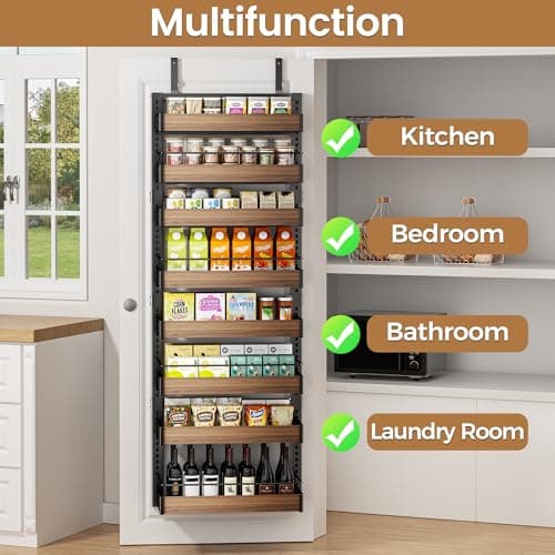 POKIPO 8 Tier Over The Door Pantry Organizer, 2 IN 1 Wall Mount or Hanging Spice Rack Seasoning Shelves with Adjustable Basket, Back of Door Organizer and Storage for Kitchen Cabinet and Room Closet 7