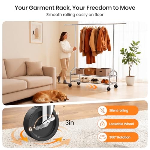 WATIOWL Heavy Duty Clothes Rack, Rolling Clothing Rack for Hanging Clothes Load 650 LBS with 2 Sturdy Shelves, Metal Garment Rack with Wheels for Bedroom, Laundry Room, Retail Store, Silver 7