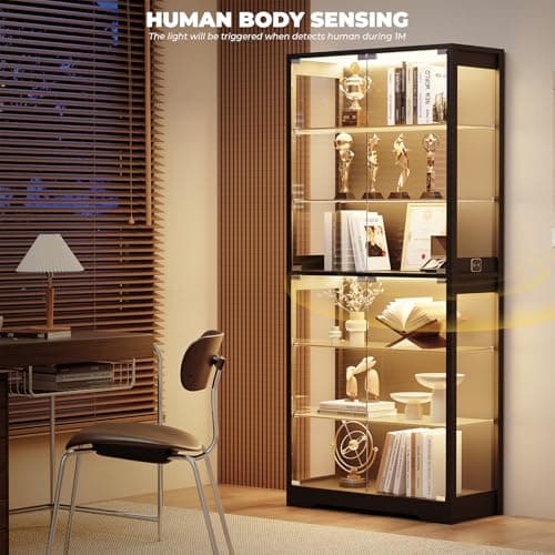 BROTTAR Display Cabinet with Glass Door, 6-Tier 71" Curio Cabinet with 3 Color Lights for Collectibles, Display Case with Adjustable Glass Shelves, Human Body Sensor, Storage Cabinets, Black 5