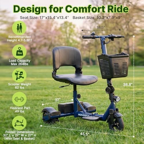 Hoverfly T3 Folding Powered Mobility Scooter for Seniors, Portable 3-Wheel E-Scooter with Seat, 13-Mile Range Safe LiFePO4 Battery, 264 lbs Load&Solid 8" Tires, Fits in Car Trunks for Daily Rides Blue 9