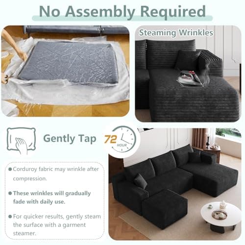 95" Modular Sectional Sofa with Ottoman, Modern Corduroy Cloud Couch with Deep Seat, Boneless Couch Upholstered 3-Seater U-Shaped Sofa for Living Room, No Assembly (Black,Right-Facing Chaise) 7