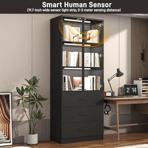 chartustriable 79" Tall Display Cabinet with LED Sensor Light & Pop-up Glass Doors & Drawers, Modern Bookcase Curio Storage Cabinet for Bedroom, Living Room, Office, Black 5