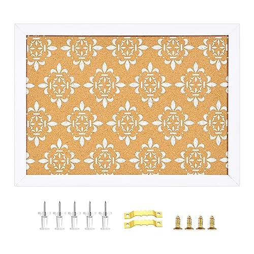 Aitakatta Decorative Cork Board for Walls, Bulletin Board with White Floral Print, White Framed Pin Board Vision Board for Office School Bedroom and Dorm Room with Pins, Screws(WH,2636,1pc)