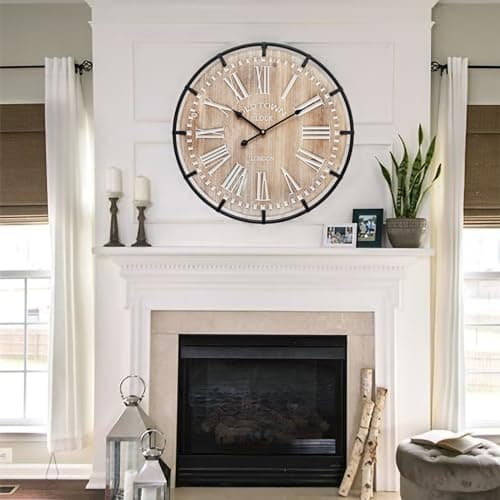 MICWIC 24 Inch Grand Farmhouse Wall Clock, Vintage-Inspired Wood & Metal Design with Large Etched Numbers, Silent Battery-Powered Timepiece for Offices, Kitchens, Bedrooms, and Living Rooms