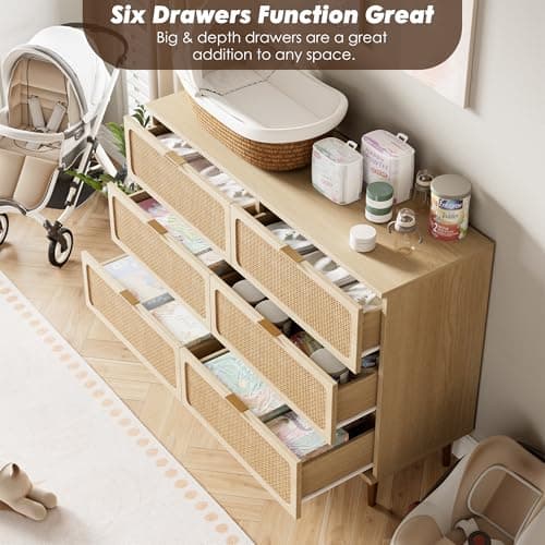 GarveeHome Rattan 6 Drawer Dresser for Bedroom, Large Double Dresser with Deep Drawers, Wooden Chest of Drawers for Closet with Wide Top, for Living Room, Hallway, Kids Room, Natural 6