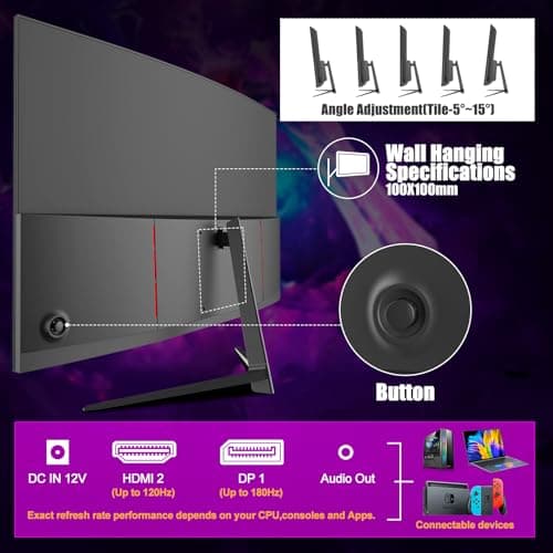 Gawfolk 27 inch Curved Gaming Monitor,144Hz/180Hz PC Monitor Full HD 1080P, Frameless 1800R Computer Display with FreeSync & Eye-Care Technology, Wall Mountable, DP, HDMI Port (Black) 5
