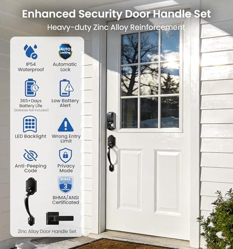 Veise VE07-H Fingerprint Smart Locks for Front Door with Handle Set, App Control, Keyless Entry Keypad Deadbolt, Digital Electronic Touchscreen, Easy Install, Auto Lock, Matte Black 6