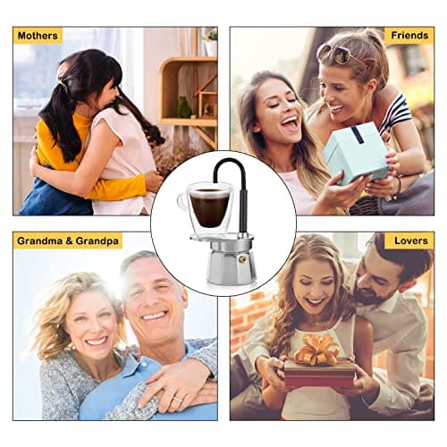MVPLUE-Mini Express Swiss Single Tube Moka Pot Aluminum Silver，Moka Set includes One Double Wall 3oz Cup,Enjoy delicious coffee in no time 6