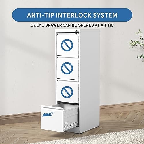 BIZOEIRON 4 Drawer Vertical File Cabinet for Home Office, Tall Metal Filing Cabinet with Lock for Legal/Letter Size Hanging File Folders, Anti-Tipping, Assembly Required (White) 7