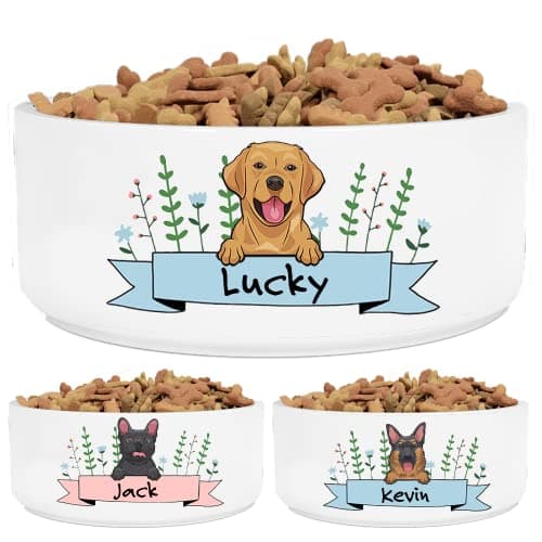 Personalized Dog Bowl with Name and Breed Design, Custom Ceramic Cat Bowls Icons, Dish for Dry or Wet Food Water, Available in 2 Sizes - 27.1 oz 41.1 Small Large White XL