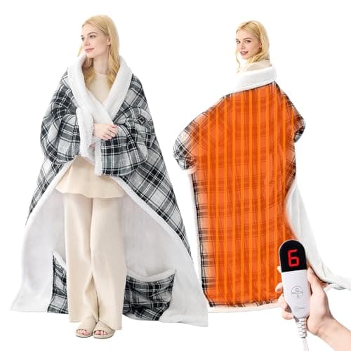 PTQ Electric Heated Blanket Wearable Throw with Foot Pocket & Front Pouch – 6 Heat Settings, 4H Auto-Off, Reversible Flannel & Sherpa, Oversized 52"x72" Heated Blanket for Bed or Couch, Grey Plaid