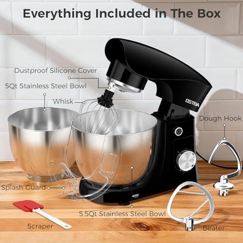 OSTBA Stand Mixer, 5QT+5.5QT Two Bowls Electric Kitchen Mixer, 10+P Speed Dough Mixer with Whisk, Beater & Dough Hook, Dishwasher Safe, Black 9