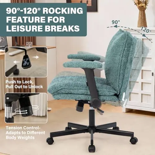 Kassipo Criss Cross Legged Office Chair with Wheels and Flip-Up Arms, Upholstered Criss Cross Desk Chair, Wide Seat Chairs for Home Office, Vanity, Apartment, Green 5