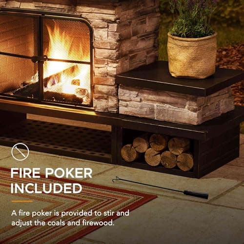 Sunjoy Outdoor Fireplace, Patio Wood Burning Fireplace with Steel Chimney, Mesh Spark Screen Doors, Fire Poker, and Removable Grate, Copper and Black 9