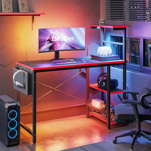 Bestier Gaming Desk with LED Lights, 44 Inch PC Gamer Desk for Small Spaces, Computer Desk with Reversible Storage Shelves & Side Storage Bag (Black 3D Carbon Fiber) 7