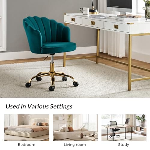 HULALA HOME Velvet Home Office Chair with Gold Base, Womans Modern Cute Shell Back Upholstered Desk Chair for Vanity, Adjustable Swivel Task Chair for Living Room, Teal 7