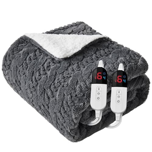Easthome Electric Heated Blanket Queen Size Dual Control - Jacquard Shaggy Sherpa 84"x90" Fast Heating Bed Blankets with 6 Heating Levels & 10 Hours Auto Off, Over-Heat Protection ETL, Dark Gray