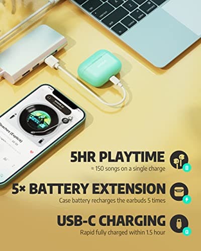 AIHOOR Wireless Earbuds for Music and Sports, Bluetooth 5.3 in-Ear Headphones with Extra Bass Built-in Mic Touch Control 30hr Battery Earphones, Waterproof (Tiffany) 5