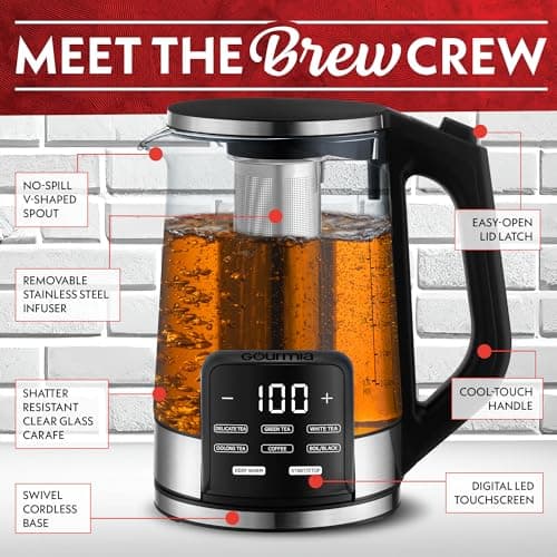 Gourmia Electric Glass Kettle – 1.7L Programmable Tea & Coffee Brewer with Digital Touch Display, 6 Presets, Removable Stainless Steel Infuser, Cordless with 360° Swivel Base, Green 6