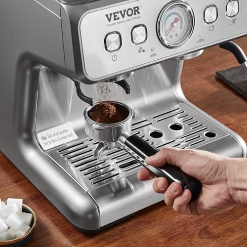 VEVOR Espresso Machine with Grinder, 15 Bar Semi-Automatic Espresso Coffee Maker with Milk Frother Steam Wand, Removable Water Tank & Pressure Gauge for Cappuccino, Latte, Machiato, PID Control System 8