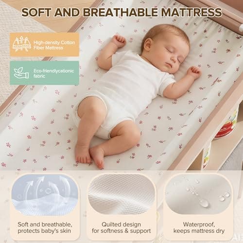 MFXLGO 100% Solid Wood Baby Changing Table Dresser with Drawers, Nursery Diaper Changing Station with Changing Pad & Built-In Trash Bag Storage, Rolling Space-Saving Design for Newborn & Toddler, Pink 5