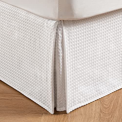 MIYE Pleated Waffle Weave Bed Skirt, Tailored Dust Ruffle 14 Inch Drop Easy Fit, Machine Washable,No Split Corners (White, Queen - 14" Drop)