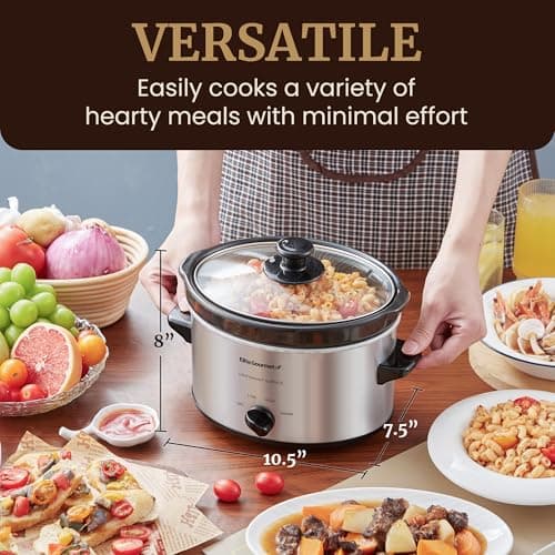 Elite Gourmet MST-275XS Electric Oval Slow Cooker, Adjustable Temp, Entrees, Sauces, Stews & Dips, Dishwasher Safe Glass Lid & Crock (2 Quart, Stainless Steel) 8