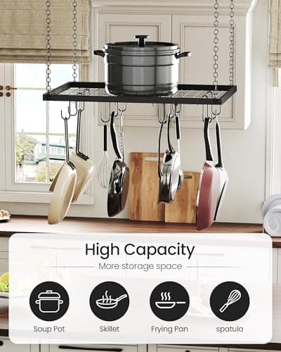 CHOEZON Hanging Pot Rack, Ceiling Mounted Pot Hanger for Kitchen, Metal Cookware Storage Organizer with 12 Hooks, for Storage of Cookware, Utensils in Kitchen, 23.7" L, Black TPR03BB 6
