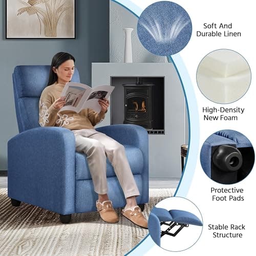 Yaheetech Fabric Recliner Chair Sofa Ergonomic Adjustable Single Sofa with Thicker Seat Cushion Modern Home Theater Seating for Living Room Light Blue 5