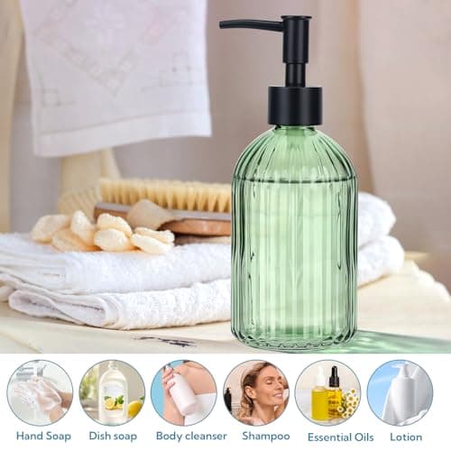 3 Pack Green Glass Soap Dispenser Set with Black Pump, 13.5oz Refillable Liquid Soap Dispenser, Premium Lotion & Dish Soap Bottle for Kitchen, Bathroom Vanity, Hotel Decor 4