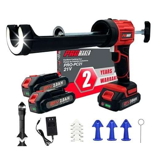 PROMAKER Cordless Caulking Gun, 21V Caulk gun w/ 2 Batteries, LED Light, Adjustable Speed, 3 Nozzle Adapters, 5 Knife Heads, 10 Oz Capacity, 550Lb Pushing Force, Caulk Tool Trowel & Scraper