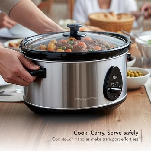 OVENTE Electric Slow Cooker with 3 Cooking Settings, Non-Stick and Dishwasher Safe Stoneware, Stainless Steel Body, Glass Lid, 3.7 Qt Oval Pot for Entrees, Soups, Sauces, Stews & Dips, Silver SLO35ABR 5