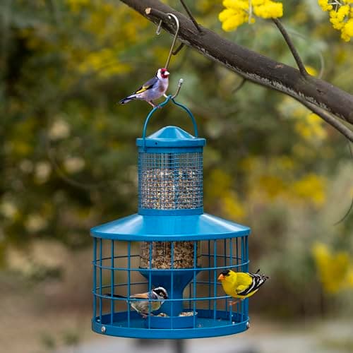 Caged Bird Feeders Squirrel-Proof, Metal, 2.8 Lbs Capacity-Cage Tube Seed Feeders with Tray Outdoor Hanging, Attract Birds,Detachable Cleaning, Starling Proof Wild Bird Feeder（Blue） 8
