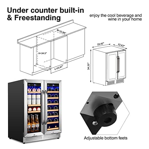 Wine and Beverage Refrigerator Upgraded, 24 Inch Beverage Refrigerator Cooler Dual Zone with Glass Door, Under Counter or Freestanding Beverage Fridge with Large Capacity, Advanced Cooling System 7