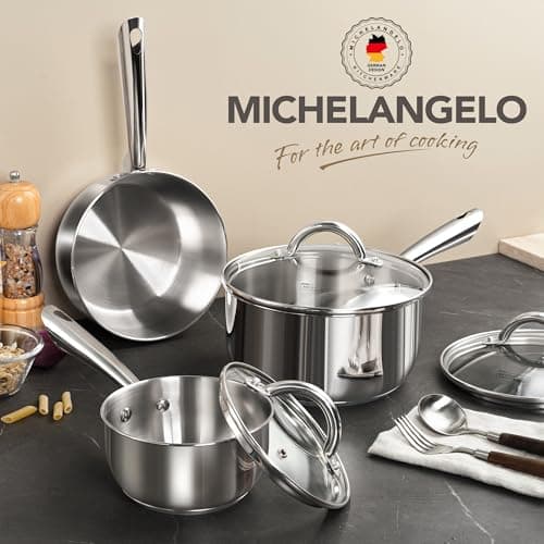 MICHELANGELO Stainless Steel Pot Set 6 Pcs with Triply Base, Stainless Steel Saucepans with Lids, Induction Saucepan Set with Stay-cool Handle - 1QT & 2QT & 3QT 7