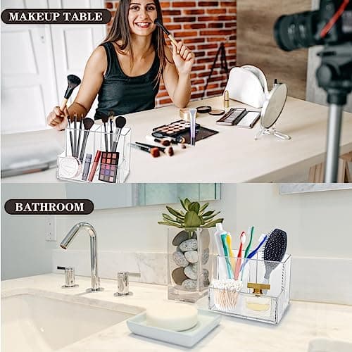Zbtezna Pen Holder, Clear Acrylic Makeup Brush Holder, Pencil Holder for Desk with Sticky Notes Holder and 3 Compartments, Pencil Organizer for Pen, Art Supply, Makeup Brush(Clear) 5