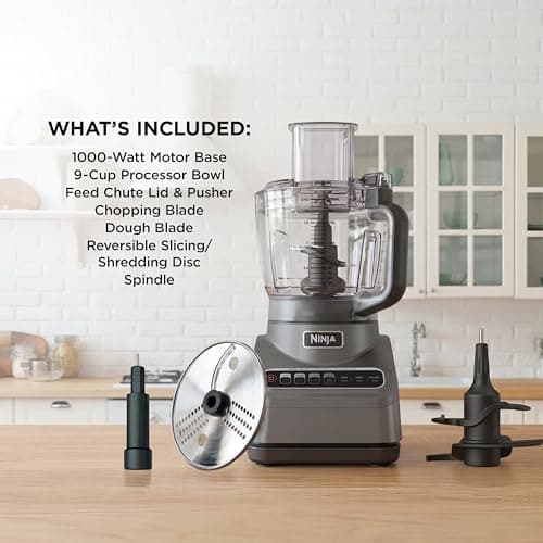 Ninja Food Processor, Professional Plus, 1000 Peak Watts, 4 Functions for Chopping, Slicing, Purees & Dough with 9-Cup Processor Bowl, 3 Blades, Food Chute & Pusher, Silver, BN601 9