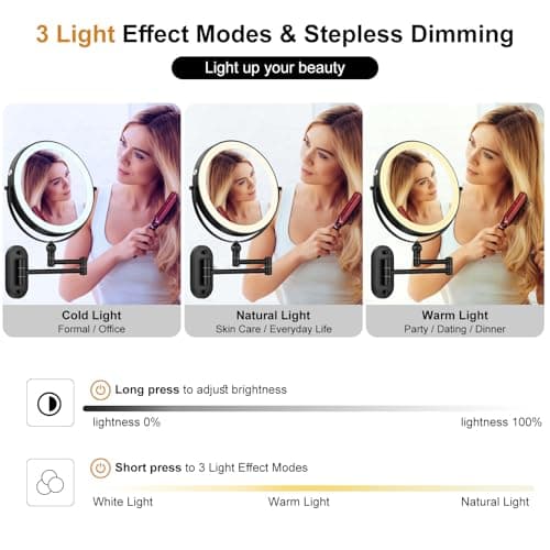 9" Wall Mounted Lighted Makeup Mirror,4000mAh Rechargeable Double Sided 1X/10X Magnifying Mirror with Light,3 Color Lights,Touch Dimmable,Extended Arm 360 Rotation Wall Mounted Makeup Mirror 5