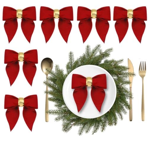 Jingmore 12 Pcs Christmas Napkins and Ring Set, 6 Bow Shape Napkins Cloth, 6 Gold Metal Dinner Tables Rings Holders for Christmas Winter Holiday Dinner Party Table Decoration(Red)