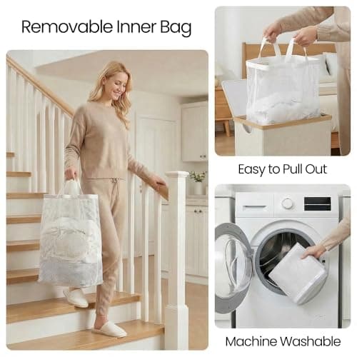 efluky Slim Laundry Basket with Lid, Narrow Laundry Hamper with Removable Bag, Skinny Dirty Clothes Basket with Bamboo Handles for Bathroom, Bedroom & Laundry Room, 75L Beige 6