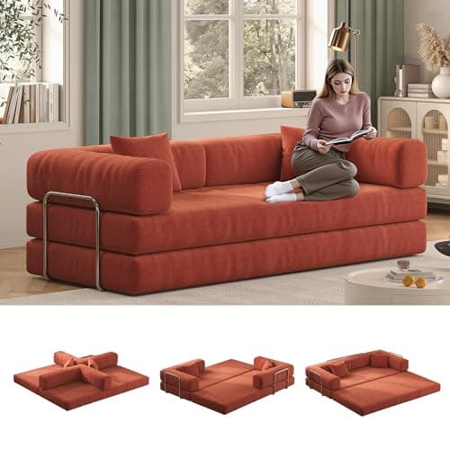 5-in-1 Folding Convertible Sofa Bed, Loveseat Sleeper with Pull-Out Bed, Floor Sofa Modular Futon Couch, 79" Oversized Corduroy Upholstered Boneless Couch for Living Room, Bedroom, Lounge, Orange