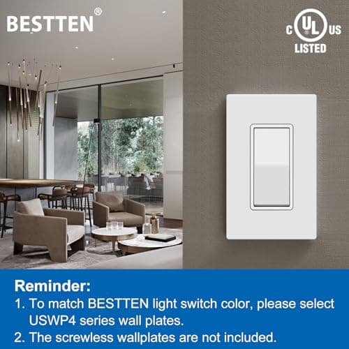 BESTTEN 10 Pack 3-Way Decorator Light Switch, 15A 120/277V, Single Pole or Three Way, Rocker Paddle Wall Switch, On/Off Rocker Interrupter, UL Listed, White 8
