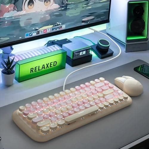 Lomiluskr Cute Colorful Wired Mechanical Keyboard for Girls and Kids, Round Keycaps, Compact 84 Keys, 10 Lighting Effects White Backlit, Pink Switch (Milk Tea) 5