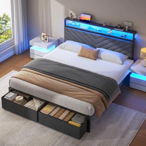 Fluest Queen Bed Frame with 2 Drawers, Upholstered Headboard with Storage and Charging Station, LED Lights, Fabric Drawers with Wheels, Under Bed Storage, No Box Spring Needed, Easy Assembly, Grey 7