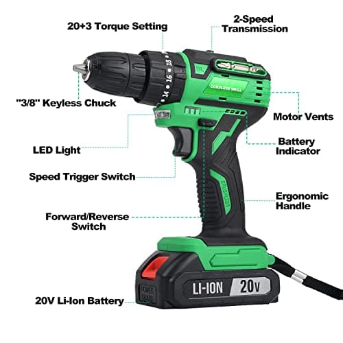 Tegatok Cordless Brushless Drill, Cordless Drill Set with Charger and 2 X 2.0AH Li-ion Batteries, Power drill with 400 In-lbs Torque, 2 Variable Speeds and Safety Lock 8